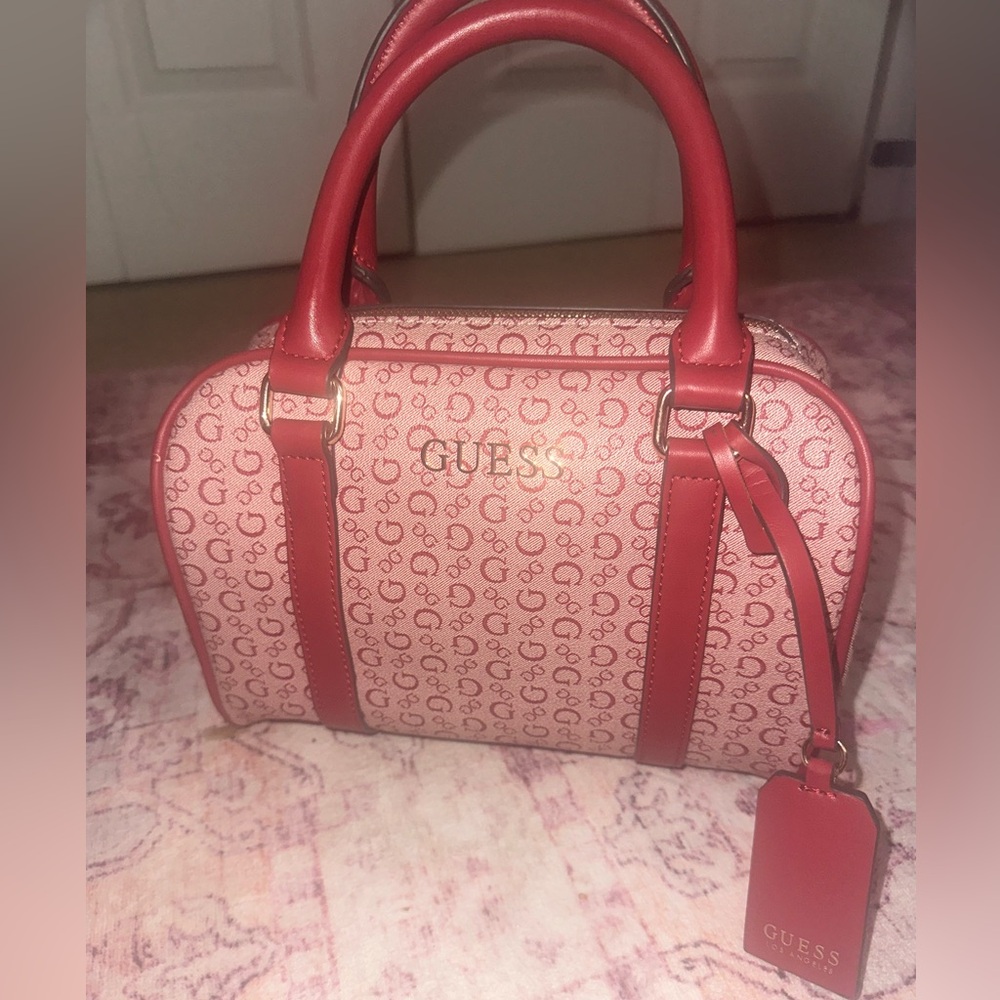 Red and gold guess monogram y2k style bowling Boston crossbody hand bag purse